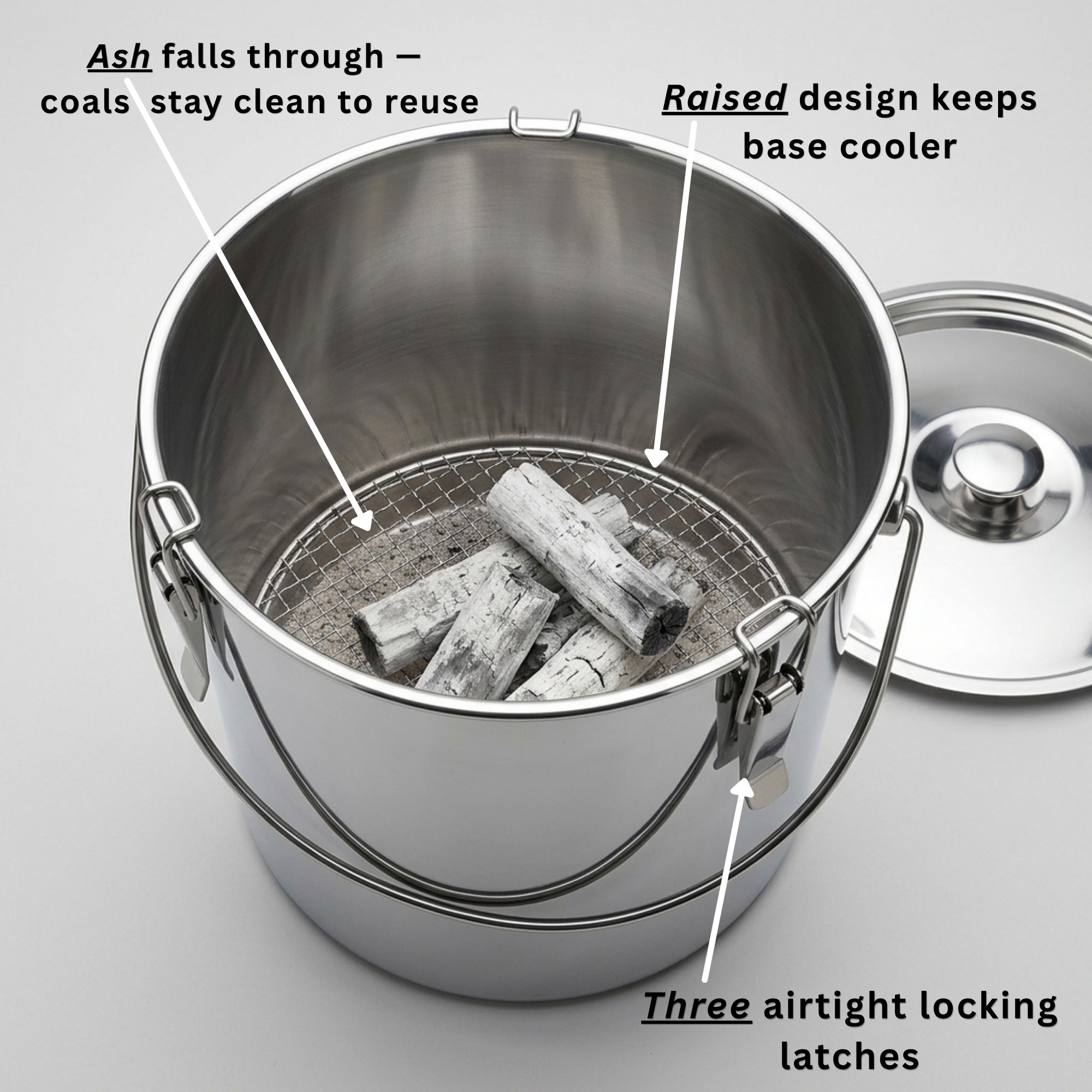 Charcoal Saver Extinguishing Bucket (Keshizumi) with Lockable Lid, 3 Gal. Capacity